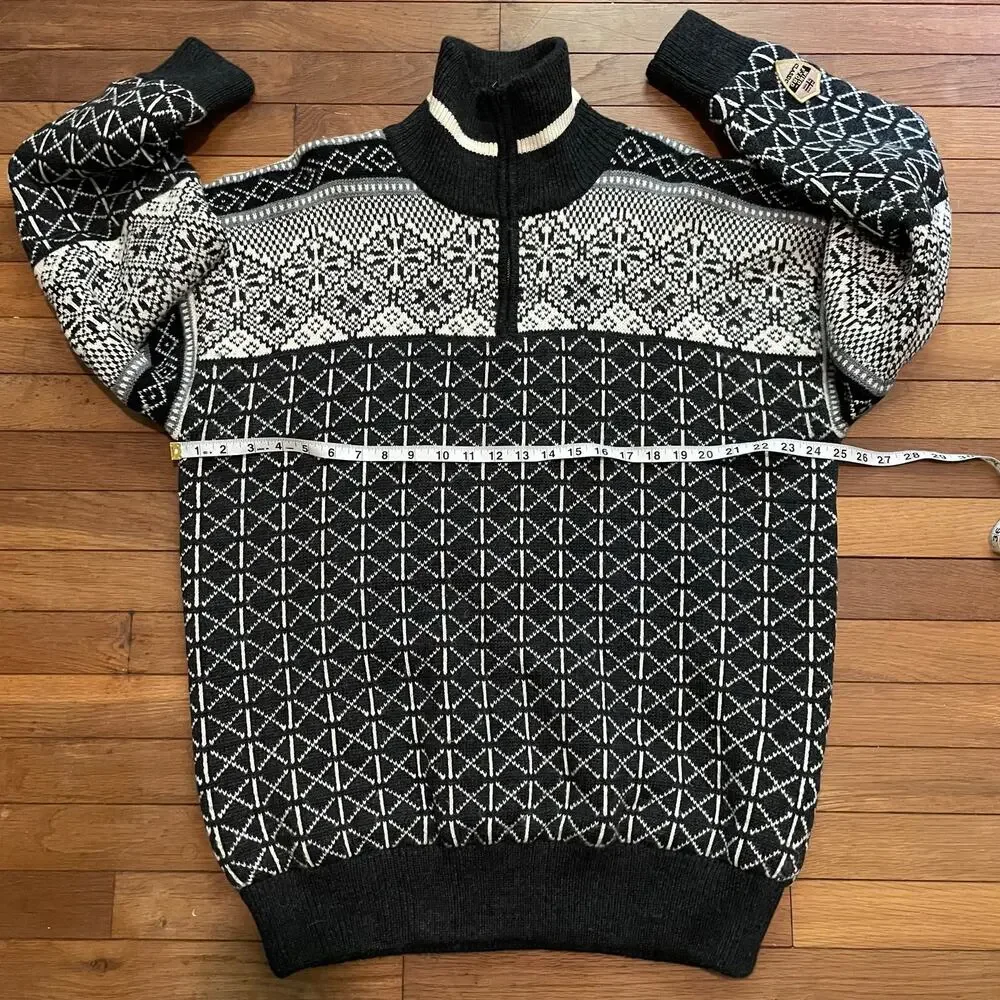 Windfjord Of Norway Wool Fair Isle 1/4 Zip Black White Mens XL Pull Over Sweater